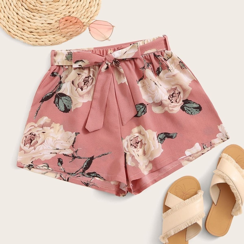 

Large Floral Print Self Tie Shorts, Pink