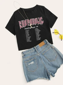 SHEIN EZwear Shopaholic Graphic Boxy Cropped Tee - Black - View 1