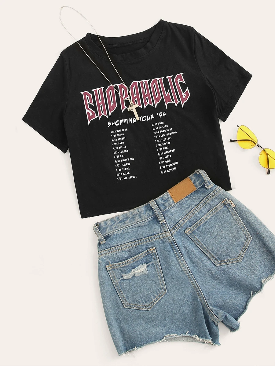 SHEIN EZwear Shopaholic Graphic Boxy Cropped Tee - Black - View 1