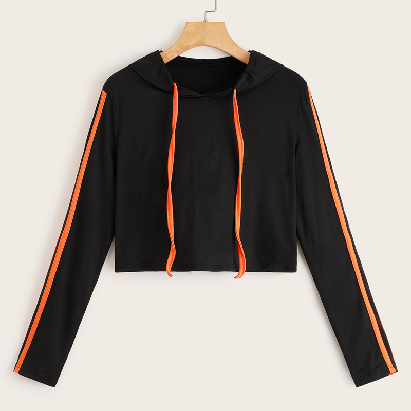 

Side Tape Drawstring Hooded Crop Tee, Black