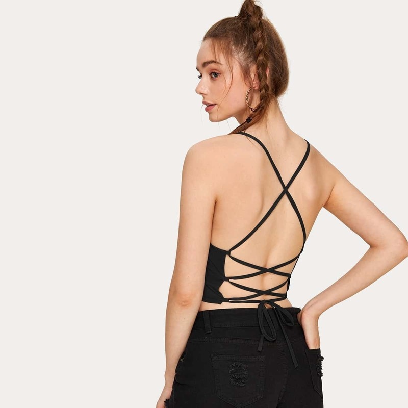 

Solid Criss Cross Lace-up Back Halter Top, Black