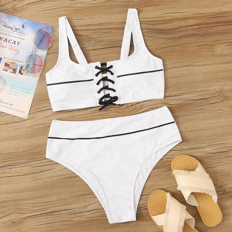 

Lace Up Top With High Waist Bikini Set, White
