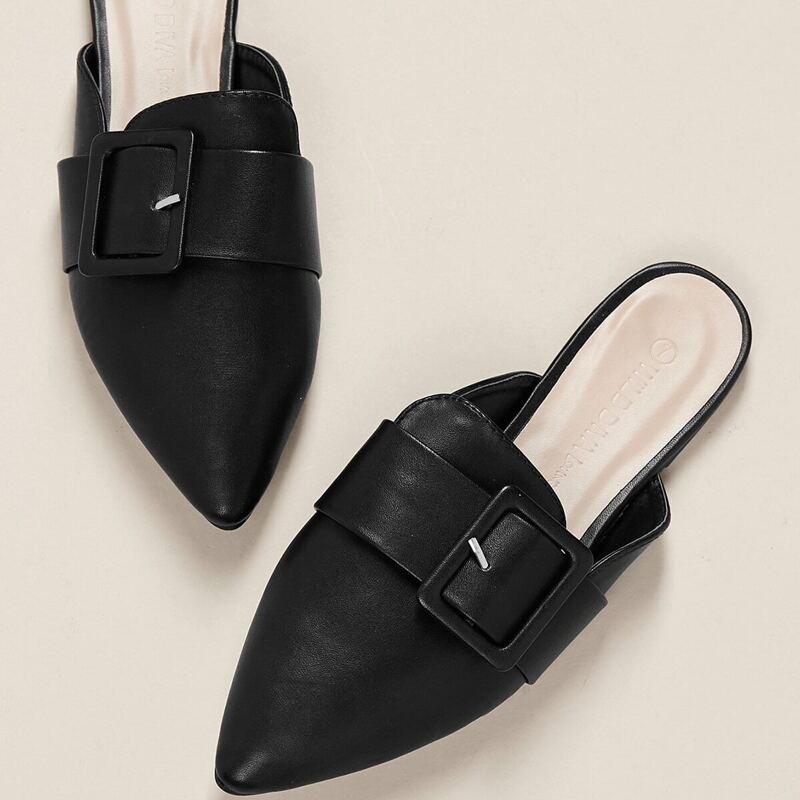 

Buckle Detail Pointed Toe Flat Mules, Black