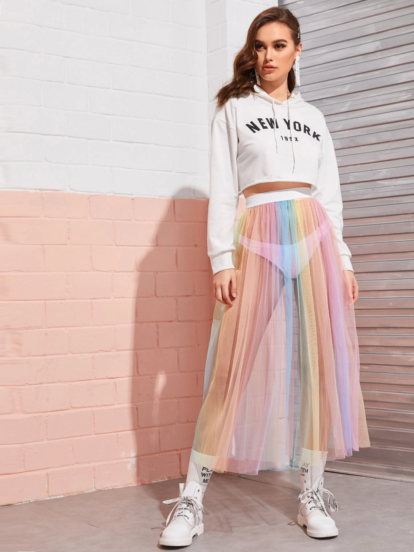 Elastic Waist Mesh Rainbow Sheer Skirt 