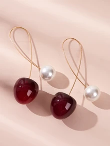 Cherry & Faux Pearl Design Earrings 1pair - Multicolor - View 2