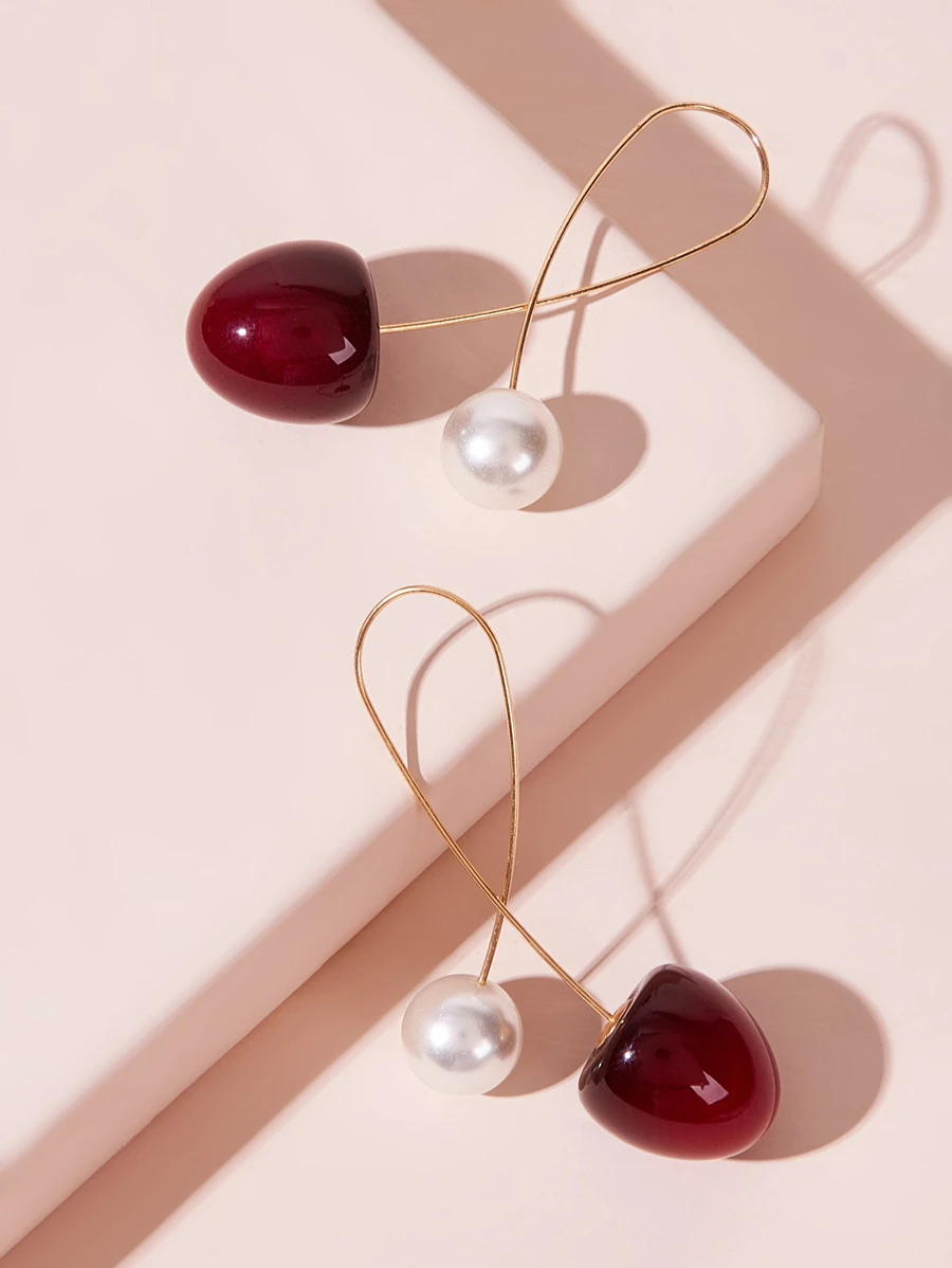 Cherry & Faux Pearl Design Earrings 1pair - Multicolor - View 1