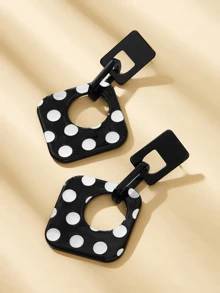 Polka Dot Open Square Drop Earrings 1pair - Black and White - View 2