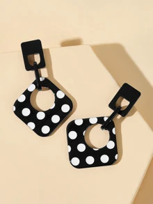 Polka Dot Open Square Drop Earrings 1pair - Black and White - View 1