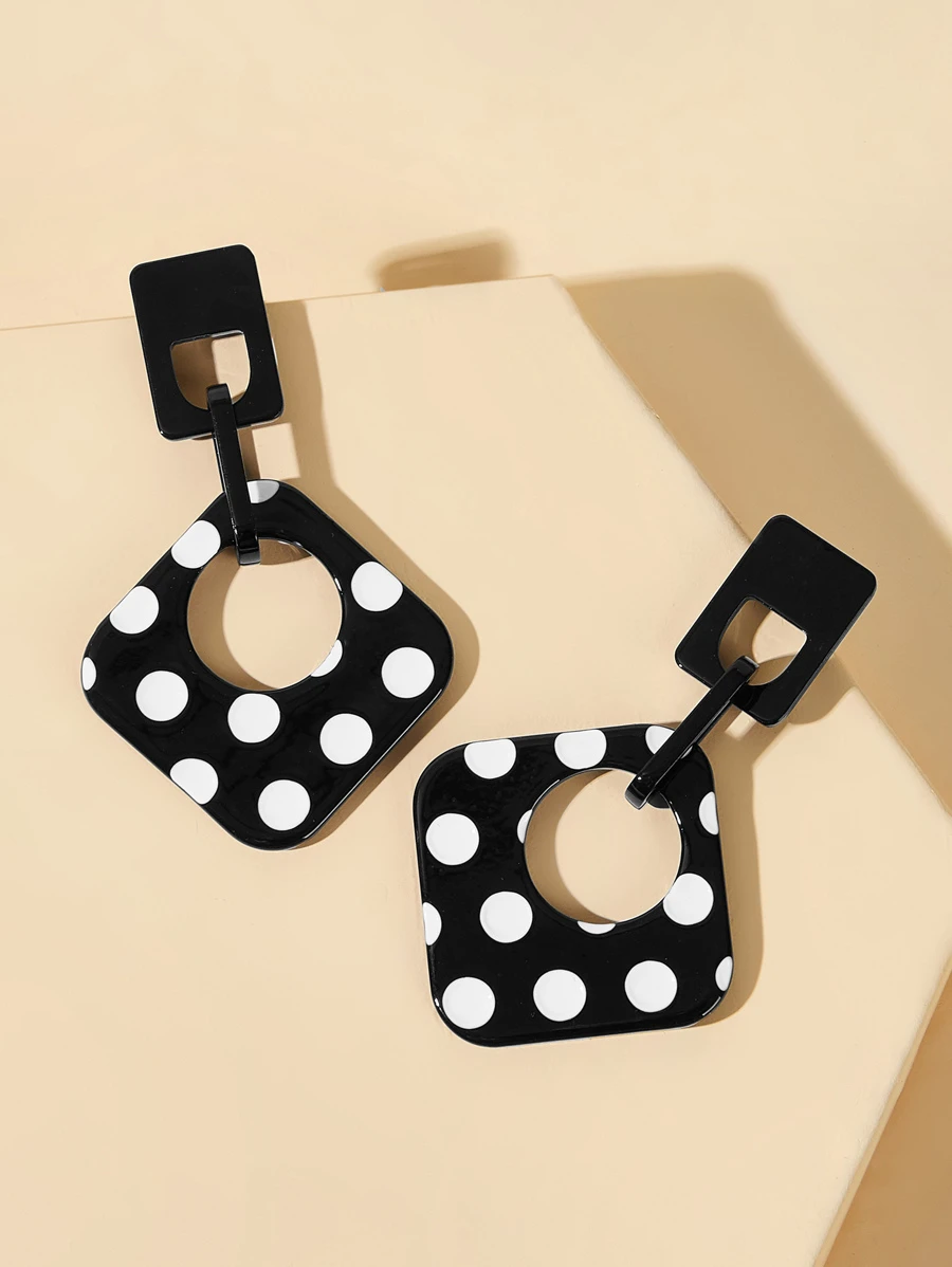 Polka Dot Open Square Drop Earrings 1pair - Black and White - View 1