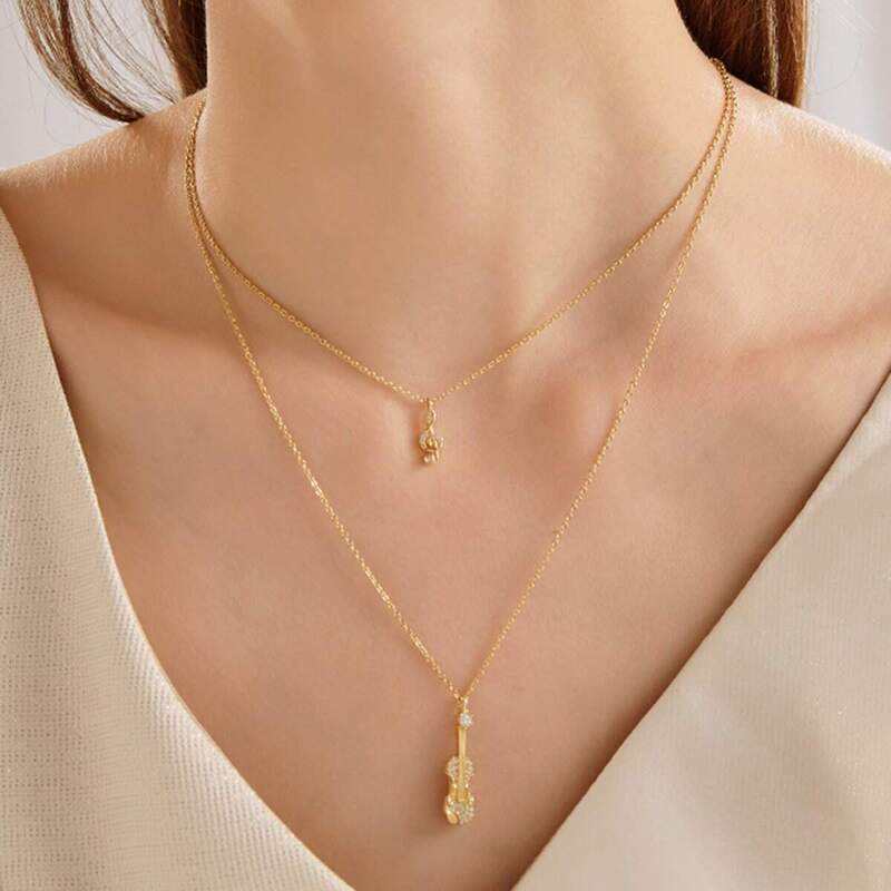 

Violin & Music Note Charm Layered Chain Necklace 1pc, Gold