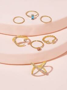 Rhinestone Decor Moon & Star Decor Ring 7pcs - Multicolor - View 3