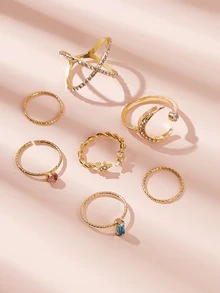 Rhinestone Decor Moon & Star Decor Ring 7pcs - Multicolor - View 2