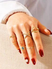 Rhinestone Decor Moon & Star Decor Ring 7pcs - Multicolor - View 1