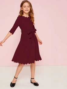 SHEIN Váy thắt lưng có dây kéo sau lưng của cô gái Tween - Màu Đỏ Sâu - Xem 3