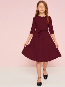 SHEIN Váy thắt lưng có dây kéo sau lưng của cô gái Tween - Màu Đỏ Sâu - Xem 4