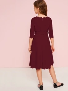 SHEIN Váy thắt lưng có dây kéo sau lưng của cô gái Tween - Màu Đỏ Sâu - Xem 2