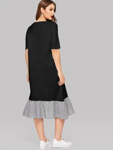 Seusyu Striped Ruffle Hem Tee Dress - Black - View 2