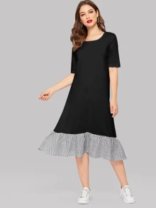 Seusyu Striped Ruffle Hem Tee Dress - Black - View 1