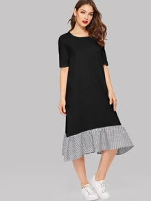 Seusyu Striped Ruffle Hem Tee Dress - Black - View 4
