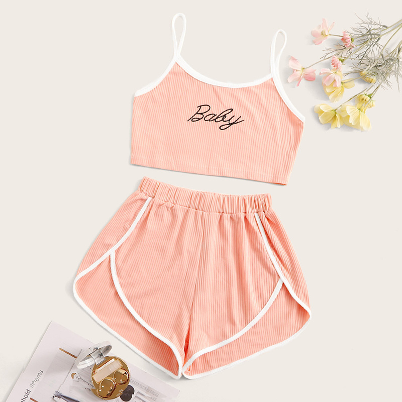 

Letter Print Rib Cami Pajama Set, Pink