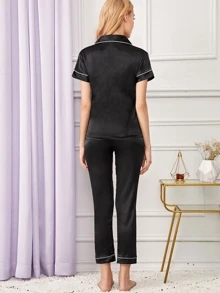 Contrast Binding Satin Pajama Set - Black - View 2