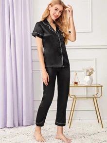 Contrast Binding Satin Pajama Set - Black - View 3