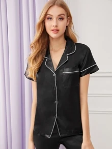 Contrast Binding Satin Pajama Set - Black - View 4