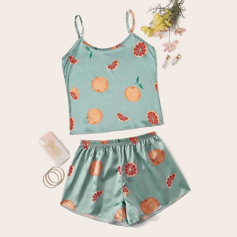 

Grapefruit Print Satin Cami Pajama Set, Green