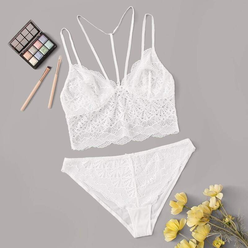 

Floral Lace Lingerie Set With Choker, White
