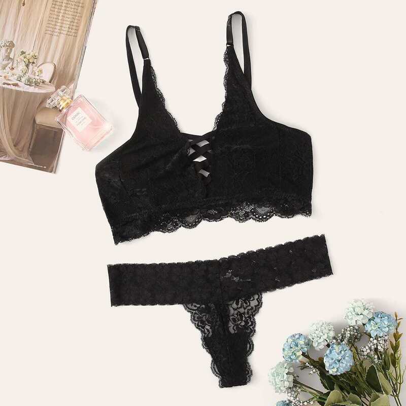

Floral Lace Crisscross Front Lingerie Set, Black