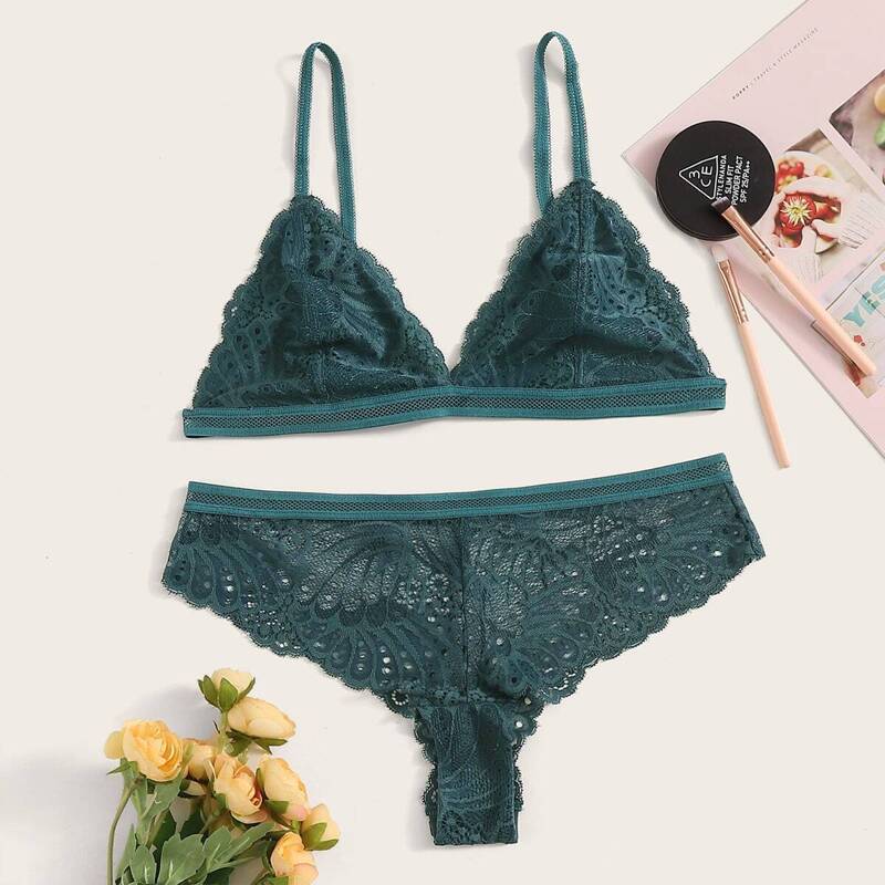 

Floral Lace Lingerie Set, Green