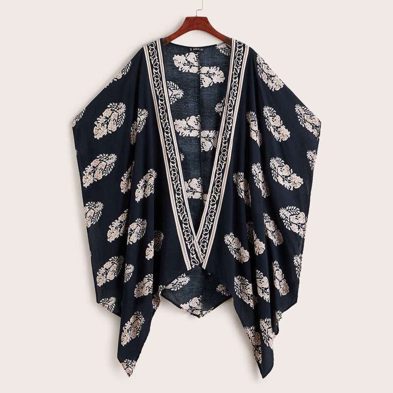 

Floral Print Batwing Sleeve Asymmetrical Hem Kimono, Navy