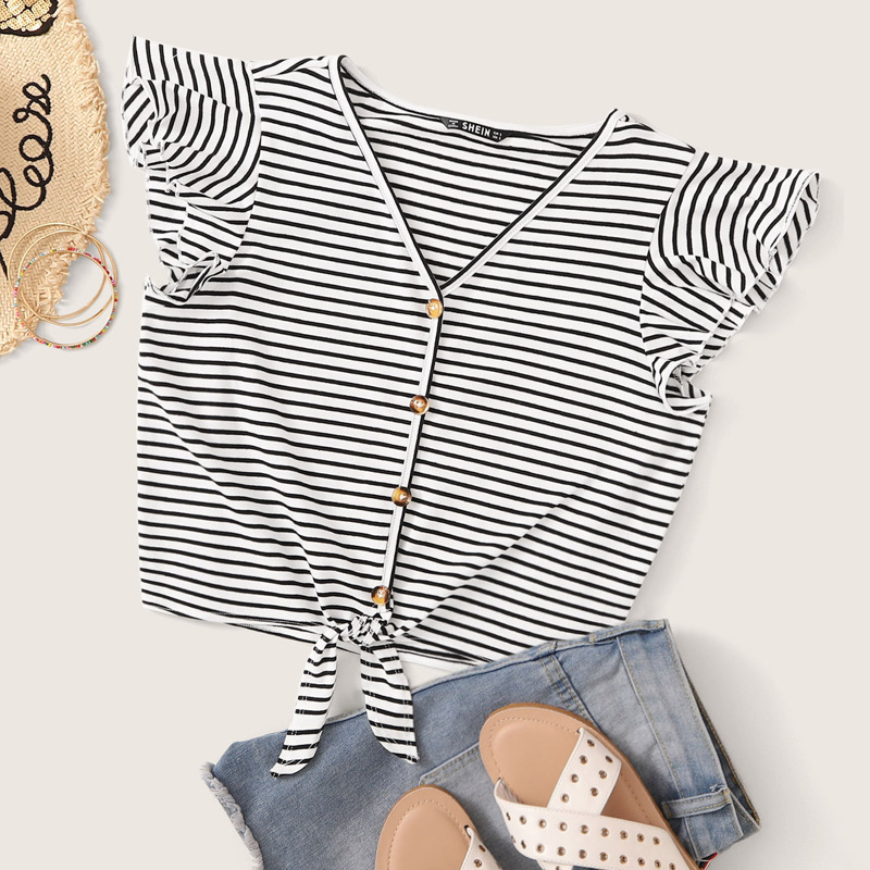 

Ruffle Trim Button Front Tie Hem Striped Tee, Black and white