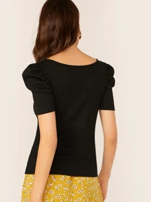SHEIN Privé Solid Square Neck Puff Sleeve Top - Black - View 2