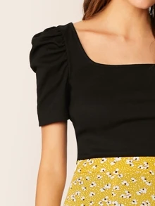 SHEIN Privé Solid Square Neck Puff Sleeve Top - Black - View 4