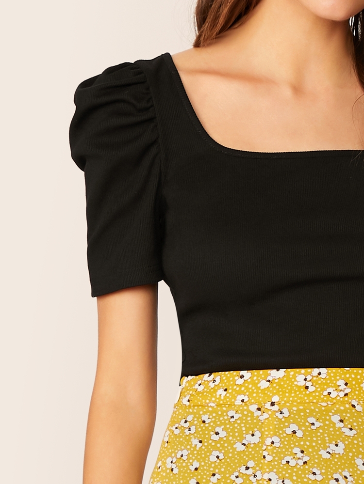 SHEIN Privé 素色方領泡泡袖上衣 - 黑色 - 查看 4