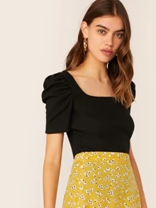 SHEIN Privé Solid Square Neck Puff Sleeve Top - Black - View 3