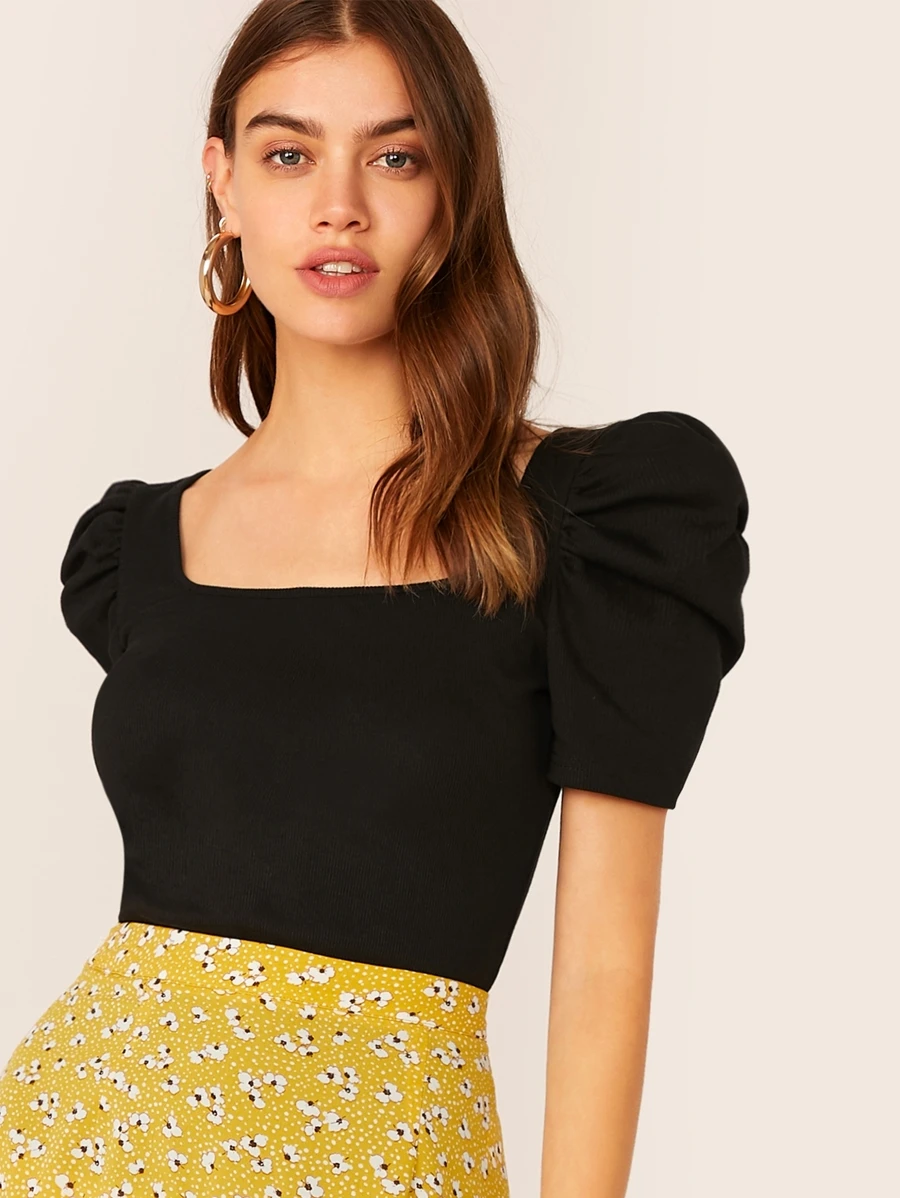 SHEIN Privé Solid Square Neck Puff Sleeve Top - Black - View 1