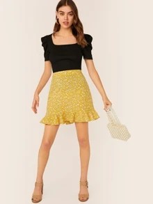 SHEIN Privé Solid Square Neck Puff Sleeve Top - Black - View 5