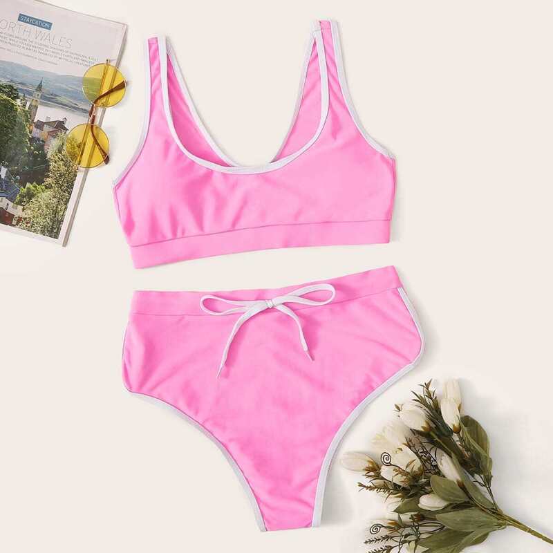 

Binding Trim Racekback With Drawstring Bikini Set, Pink bright