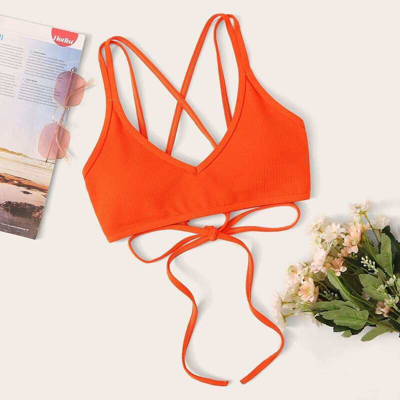 

Textured Lace Up Back Swimming Top, Orange bright