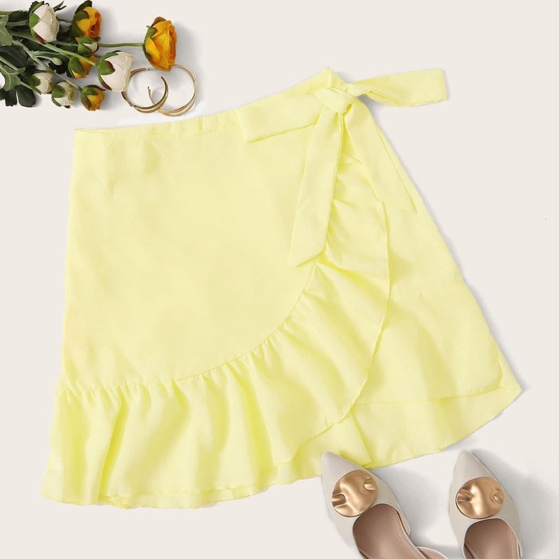 

Tie Waist Ruffle Wrap Skirt, Yellow pastel