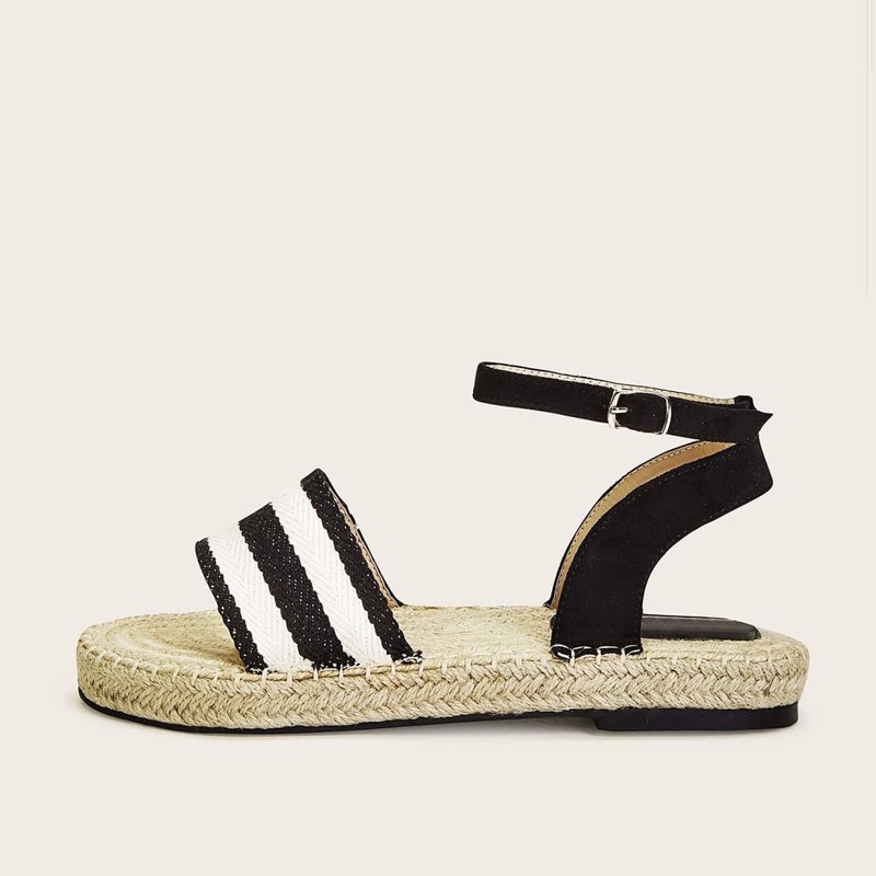 

Striped Ankle Strap Espadrille Sandals, Black and white