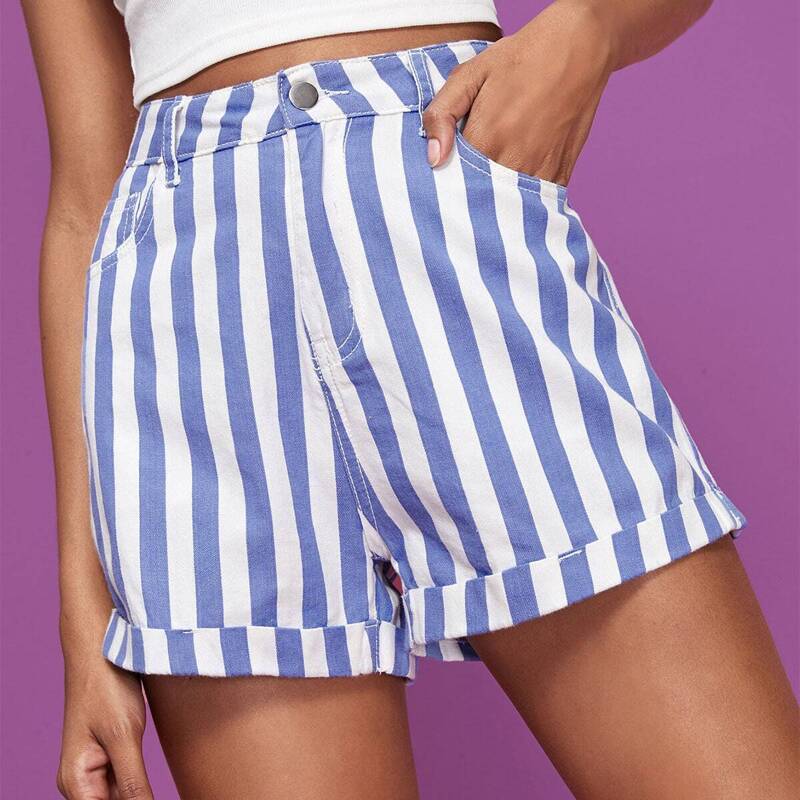 

Button Waist Striped Rolled Hem Denim Shorts, Blue