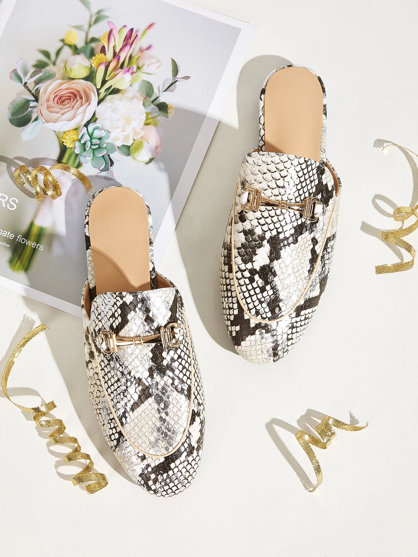 snakeskin mule flats