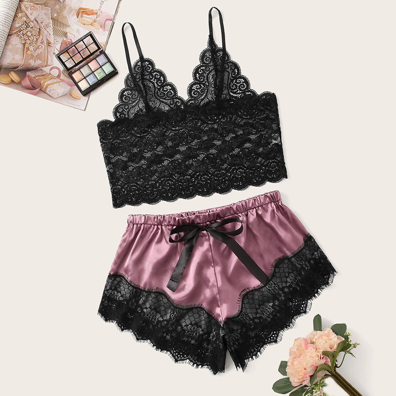 

Floral Lace Bralette With Satin Shorts, Multicolor