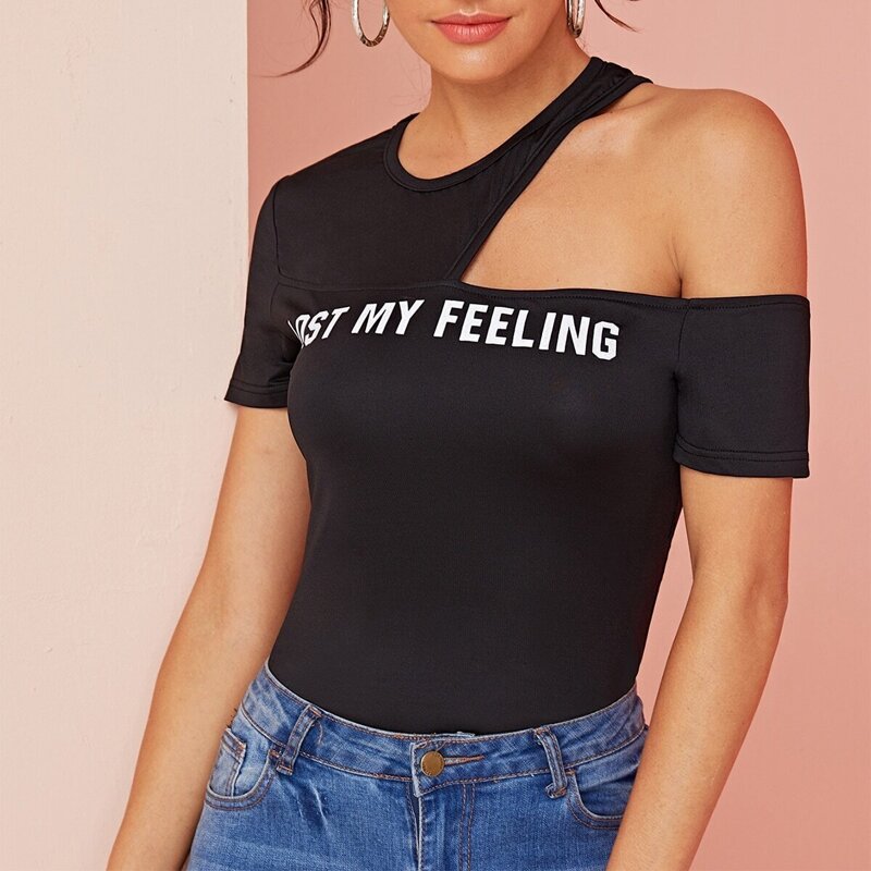 

Asymmetrical Neck Letter Print Tee, Black