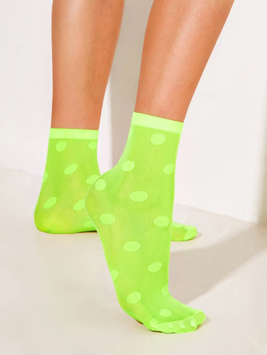 1 Pair Women Fluorescent Polka Dot Ankle Socks - Lime Green - View 1
