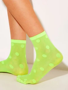 1 Pair Women Fluorescent Polka Dot Ankle Socks - Lime Green - View 3