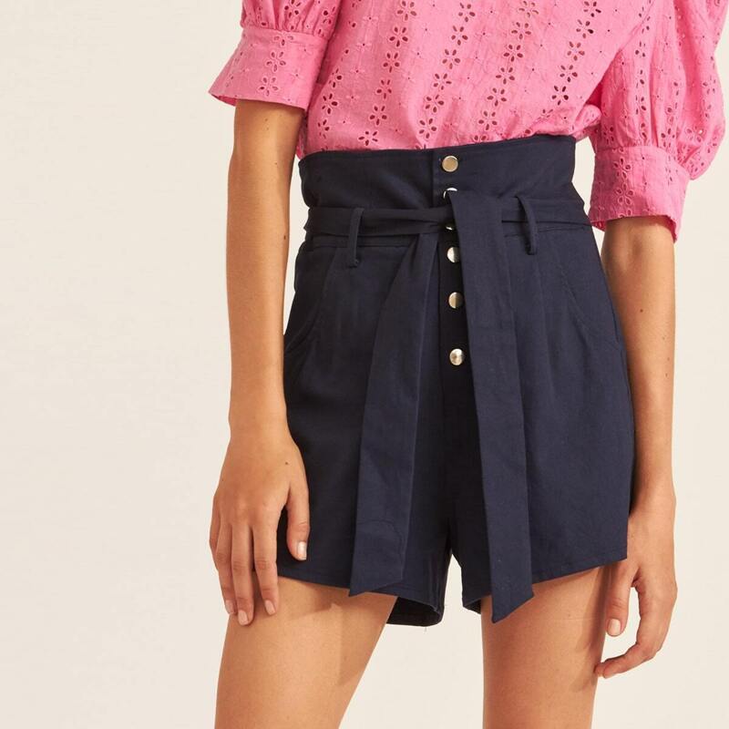 

Wide Band Waist Button Fly Self Belted Shorts, Navy